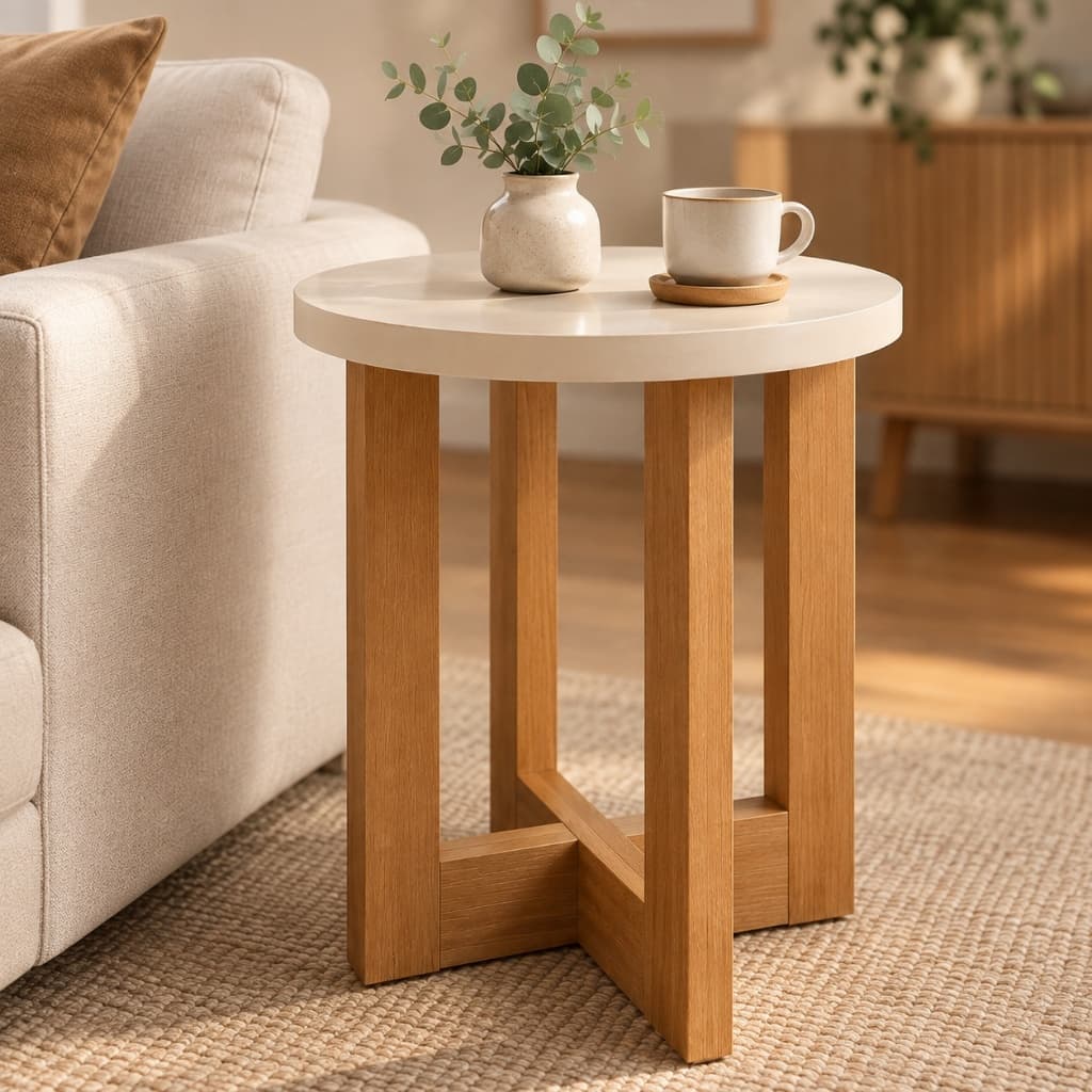 PROMOÇÃO * Mesa Lateral De Apoio Redonda com Pés de Madeira MDF Mesa de Centro Retro Canto Sofá Porta Objetos Mesinha