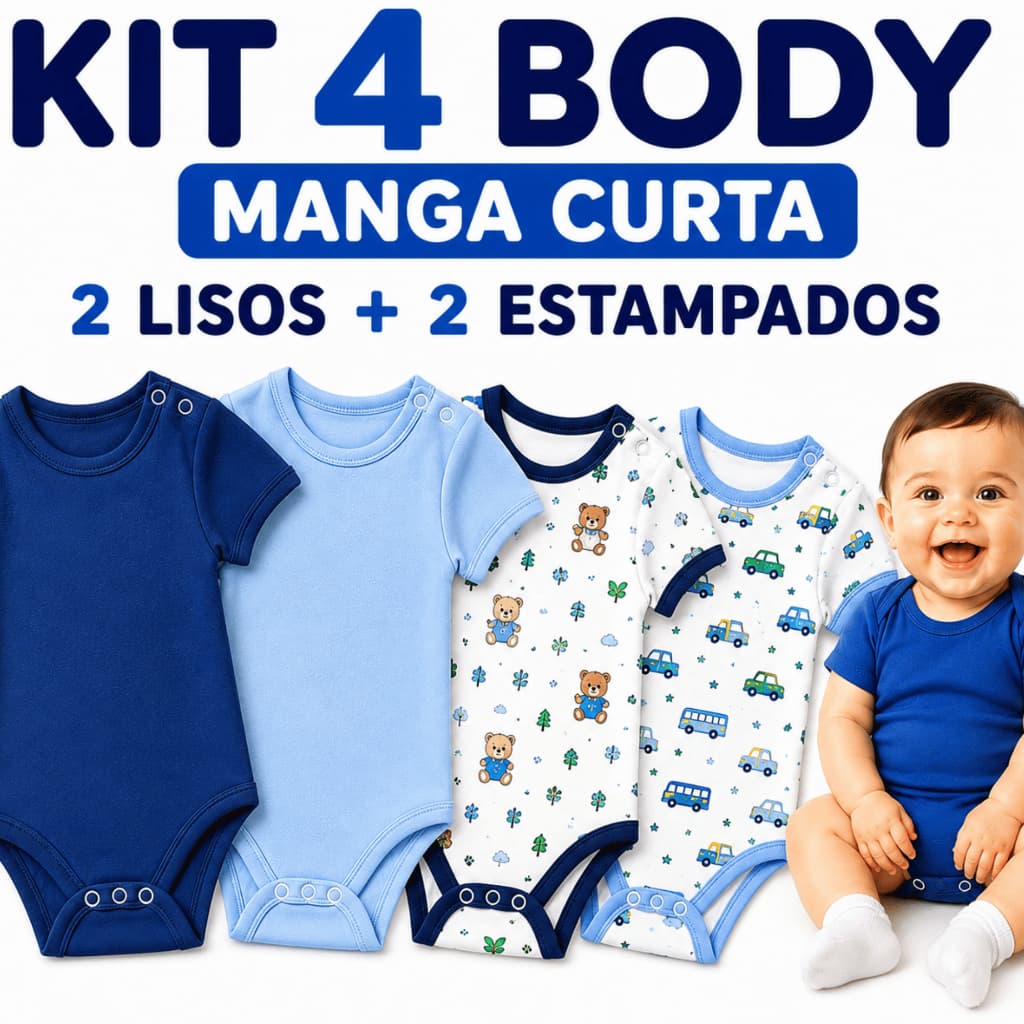 Body Bebê Menino Kit 4 Peças Malha Canelada Algodão Manga Curta Verão Roupa Bebê Enxoval RN P M G