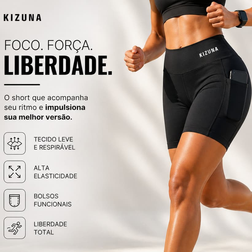 Short Feminino Kizuna Premium Suplex com Bolso Porta Celular Academia Treino Cintura Alta Compressão Treino Confortável