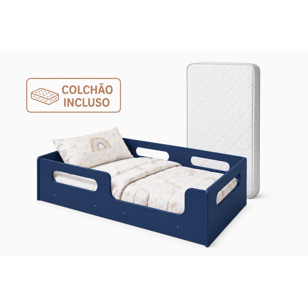 Cama Infantil Com Colchão Encanto Azul Mini Cama Juvenil Com Grades de Proteção 100% MDF Quarto Infantil Decorativo