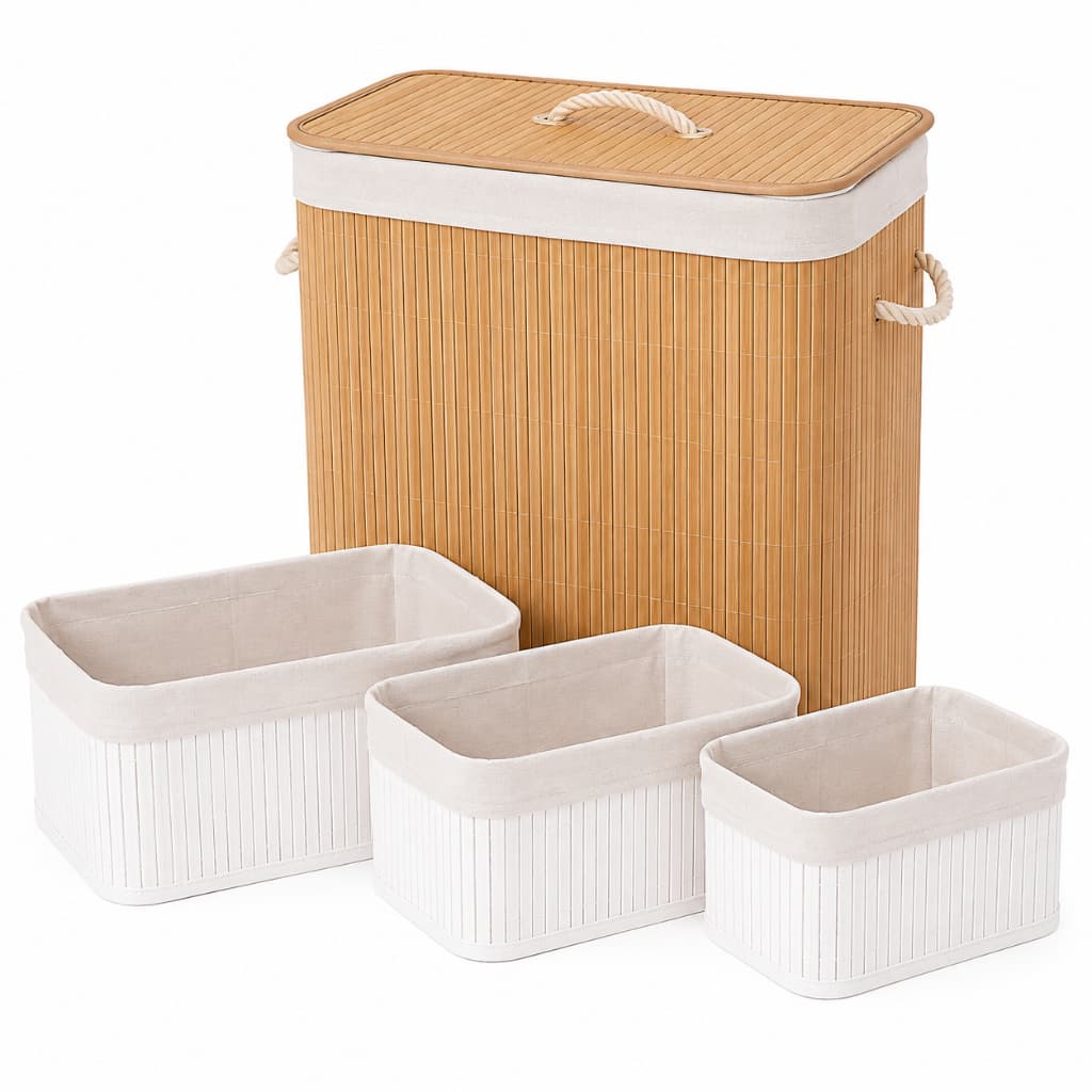 Kit 4 Cestos Organizadores Bambu 1 Cesto 70L com Tampa + 3 Cestos Multiuso