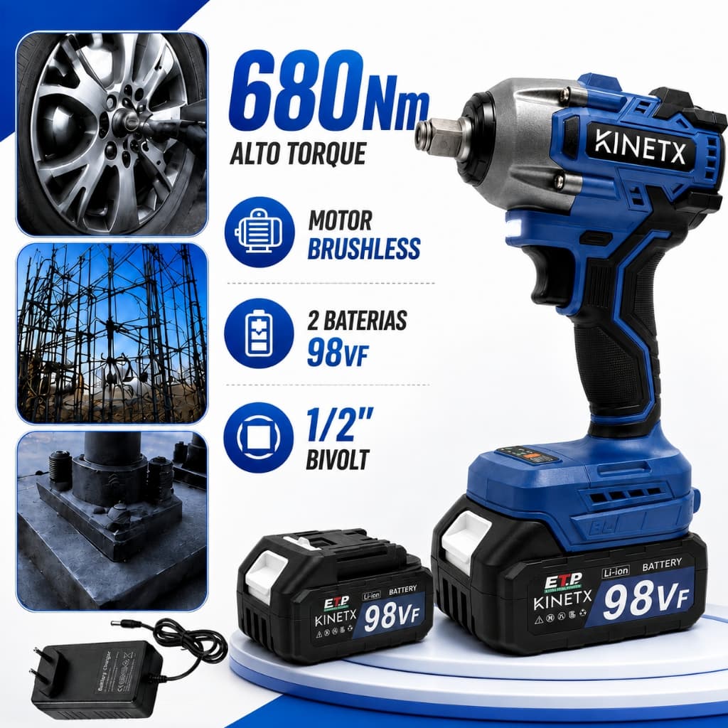 Chave De Impacto A Bateria*2 Brushless 680Nm 1/2 Bivolt Parafusadeira E Furadeira + 2 Baterias 98Vf Profissional KINETX