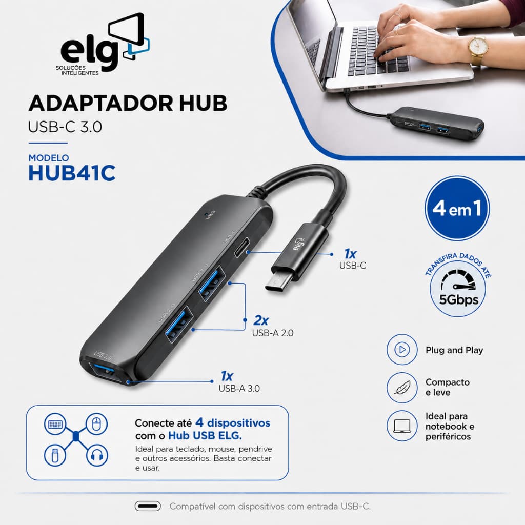 Adaptador Hub USB-C 4 em 1 ELG HUB41C-V2 3x USB-A + USB-C 5Gbps
