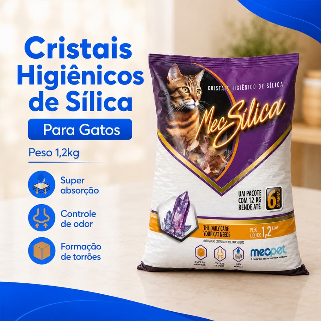 Mec Silica 1.2Kg Areia Higiênica Cristais de Sílica Para Gatos