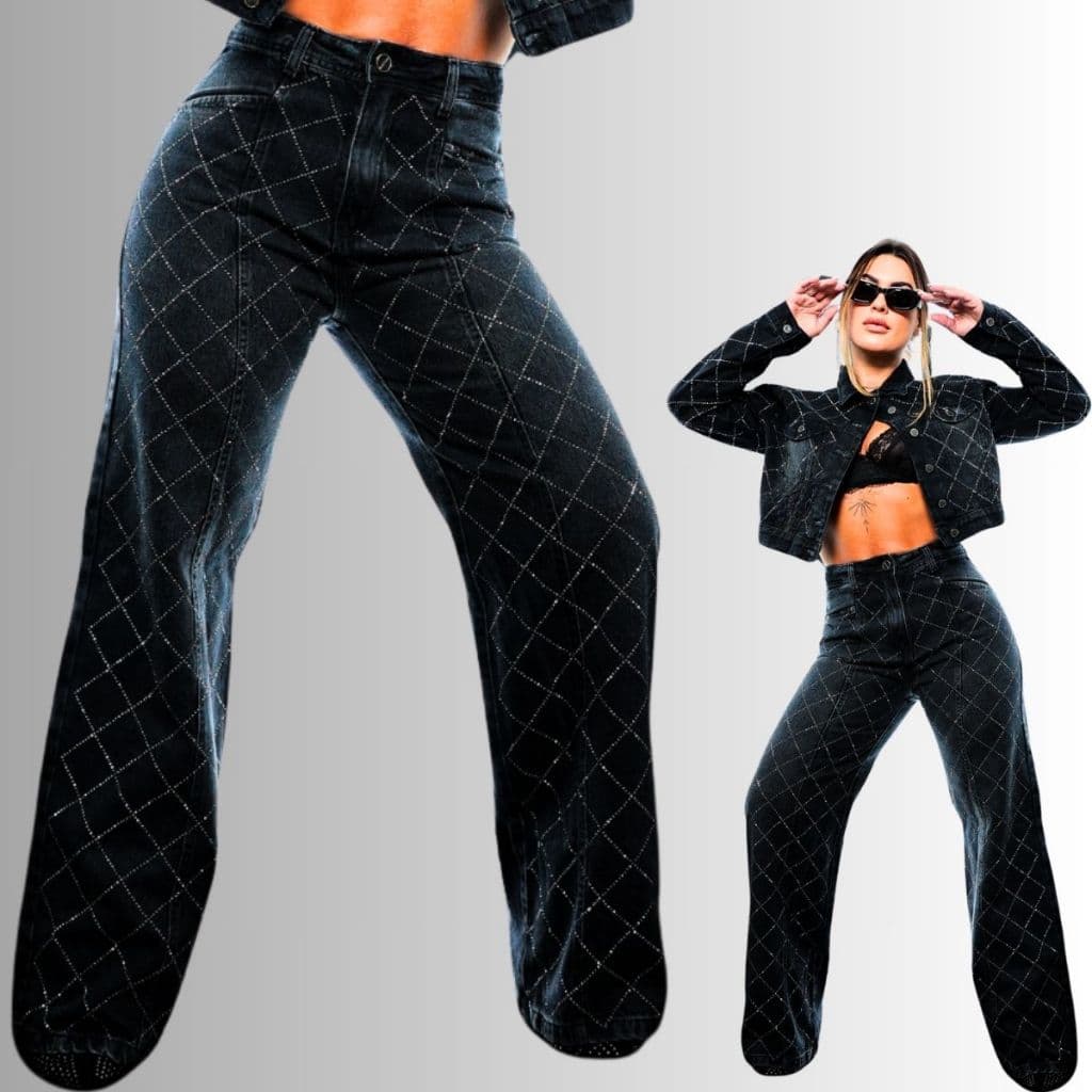 Calça Feminina Wide Leg toda Revestida em Strass na Frente com Caimento Modelador e Alta Qualidade