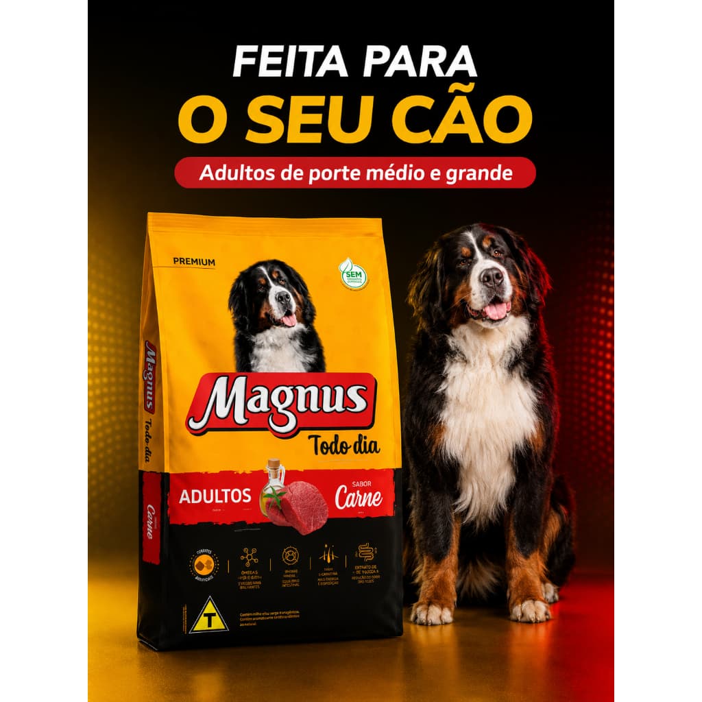 Ração Magnus Todo Dia Premium Cães Adultos Porte Médio e Grande Sabor de Carne 15kg Alimento Seco Completo para Cachorro