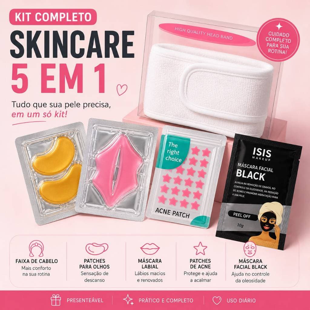 Kit Skincare Completo com Faixa de Cabelo + Máscara Facial + Patches para Olhos, Lábios e Acne