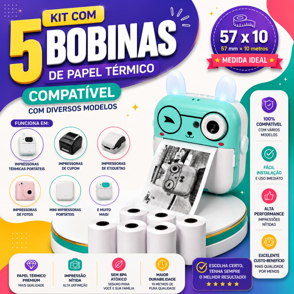 Kit 5 Bobinas Papel Térmico 57mm x 10m Compatível com Mini Impressoras Térmicas