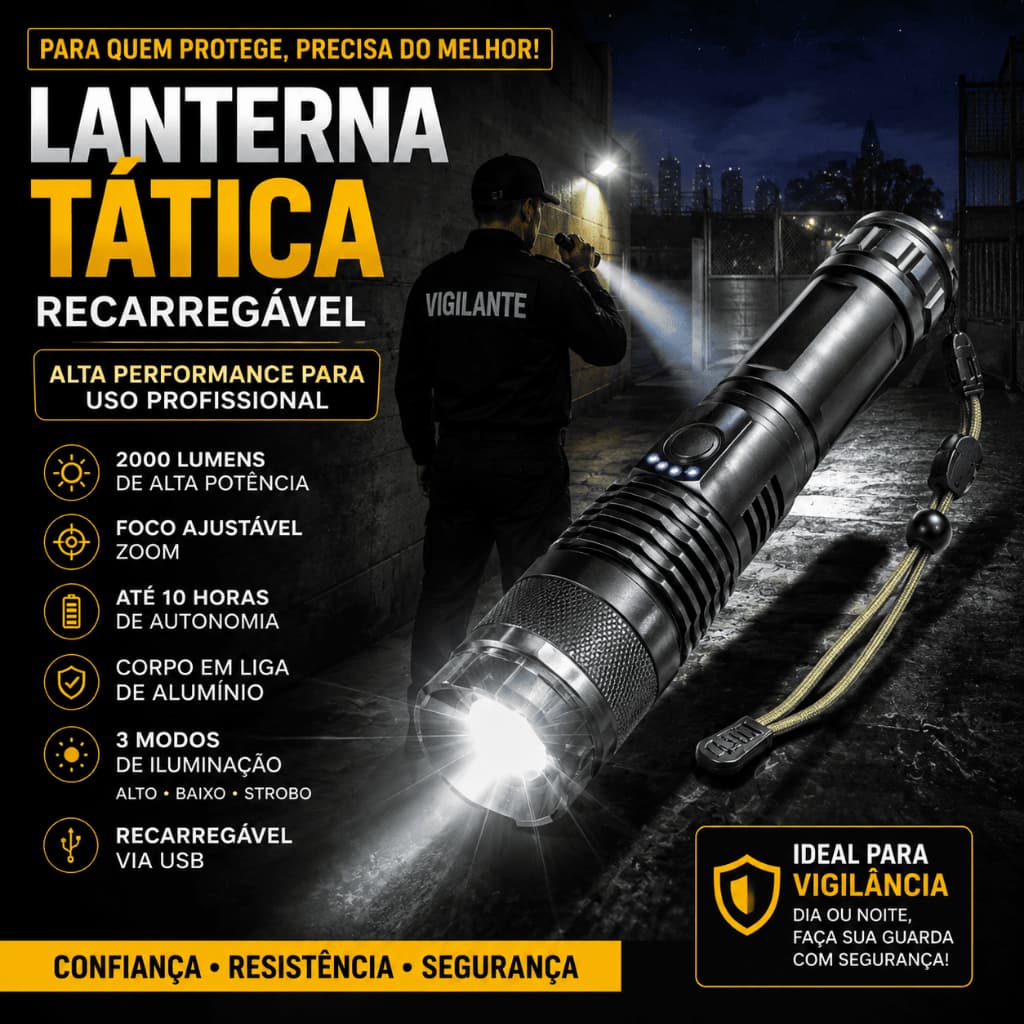 Lanterna Tática Recarregável LED 2000 Lumens USB Foco Ajustável Zoom Alumínio Alta Potência  3 Modos de Iluminação