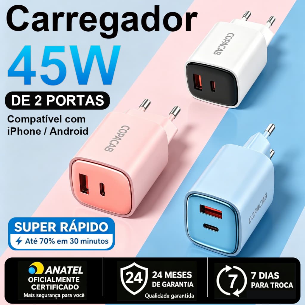 Carregador fonte 45W GaN PD Turbo com 2 portas USB-C e USB-A–Carregamento super rápido para iPhone, iPad, Samsung Tipo C