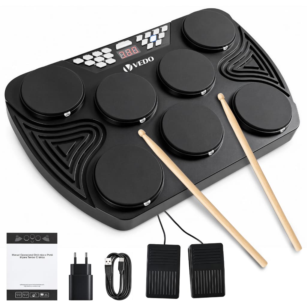 Bateria Eletrônica Portátil 7 Pads com LED, Sensor de Pressão, Gravação, USB MIDI, Bateria Recarregável 1800mAh