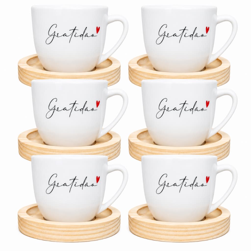 Jogo 6 Xicaras para Cafe Cha 170ml Porcelana com Pires Madeira Kit Cantinho do Café Gratidão