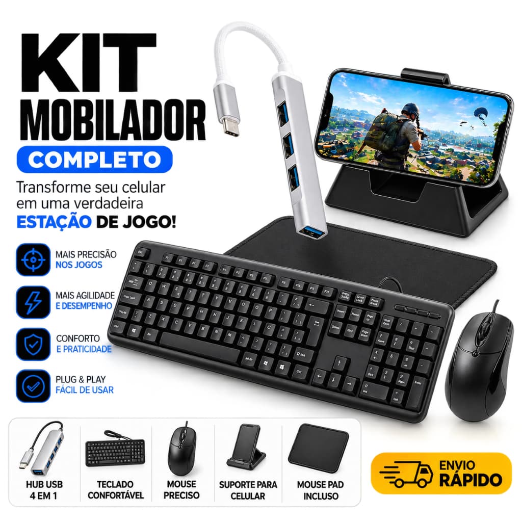 Kit Mobilador Gamer Completo para celular com Teclado Mouse Otg Usb Tipo C Básico