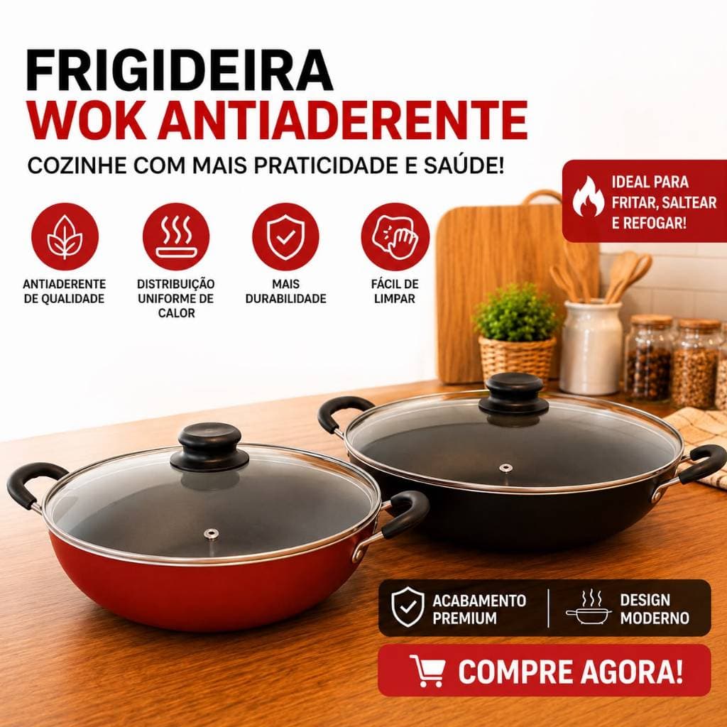Frigideira Wok Antiaderente Com Tampa De Vidro Teflon Panela Grande Multiuso Utensilio de Cozinha Premium 4 Litros