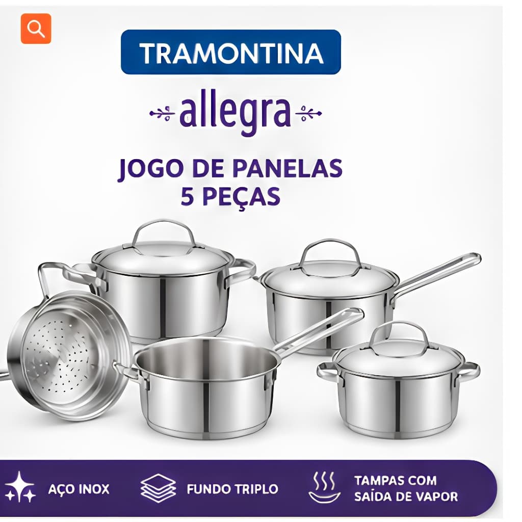 Jogo de Panelas Tramontina Allegra 5 Peças em Aço Inox com Fundo Triplo e Tampas de Inox – 65650280