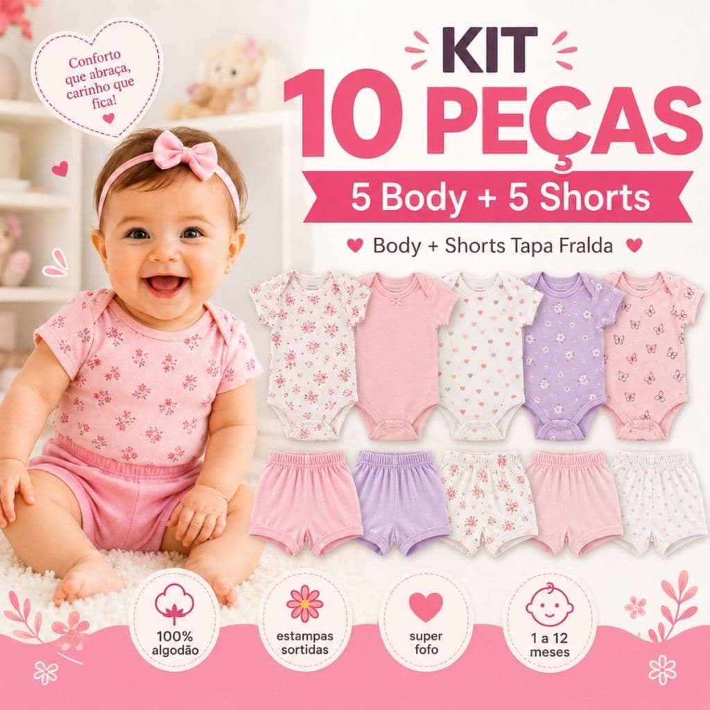 Kit 10 Peças Menina Bebê 5 Body + 5 Shorts Infantil Estampados Tapa Fralda Conjunto Manga Curta