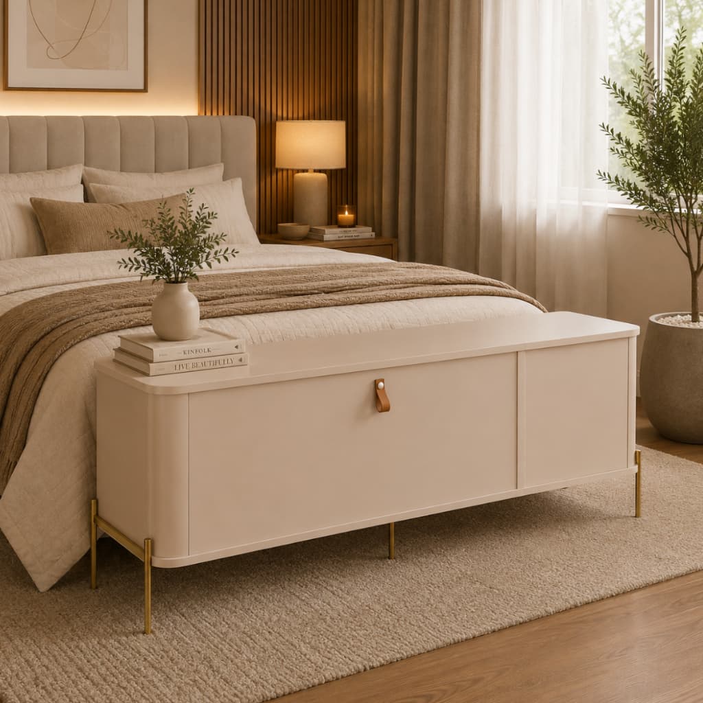 Sapateira Banco Baú Quarto Hall de Entrada Pés Ferro Recamier Puxador Couro 1,30 Lançamento Lua - Off White