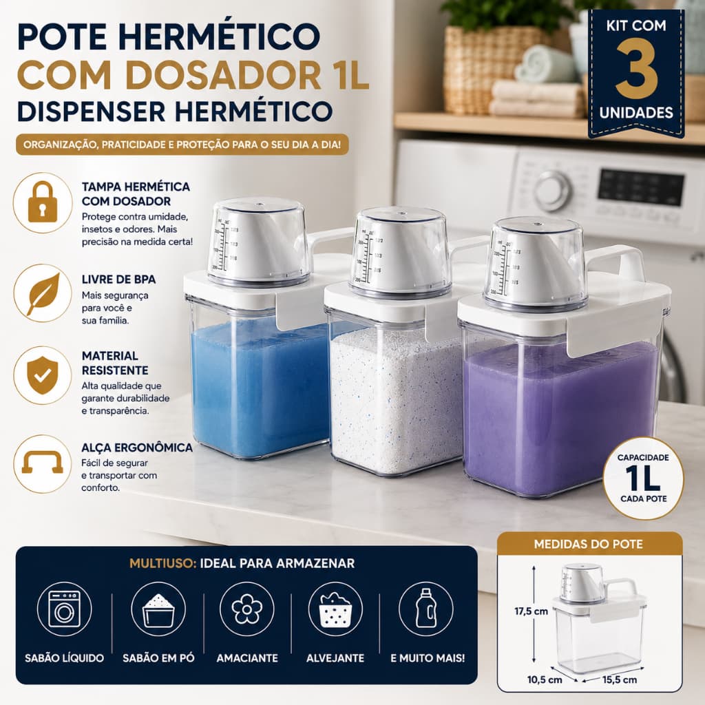 KIT 3 POTE HERMETICO ACRILICO 1LITRO PARA SABÃO DETERGENTE RAÇÃO LAVANDERIA ORGANIZADA RESISTENTE PODE IR NA LAVA LOUÇA