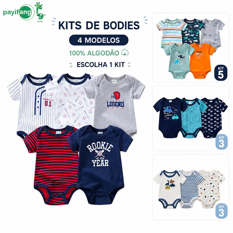Kit Body Bebê Menino Recém Nascido 3 ou 5 Peças 100% Algodão Manga Curta Estampado Roupa de Verão 3M a 9M