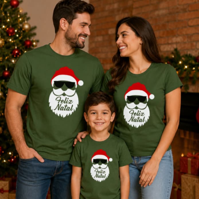 Camisetas familia feliz natal Tal mãe pai filho filha bebe papai noel barba oculos cor verde