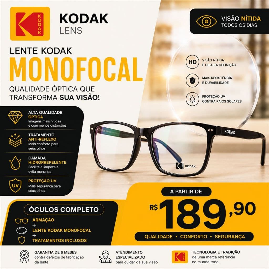 Óculos Completo com Lente Kodak Monofocal Antirreflexo + Proteção UV | Armação + Lentes