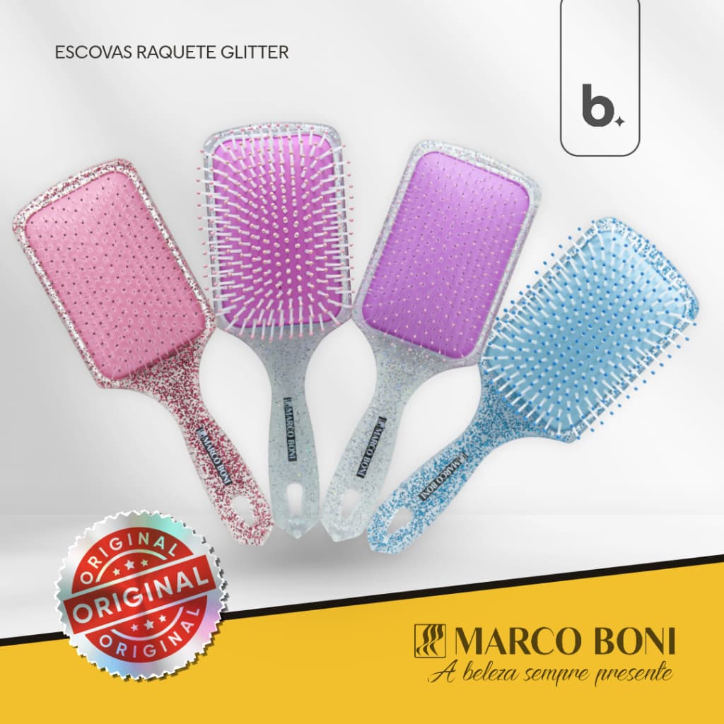 Escova De Cabelo Raquete Glitter Marco Boni - Cerdas com Pontas Arredondadas e Base Almofadada