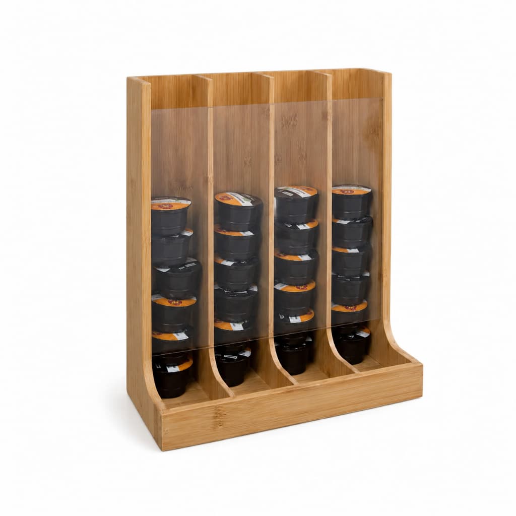 Porta Cápsulas de Café Universal Vertical em Bambu com 4 Divisórias e Frente Transparente