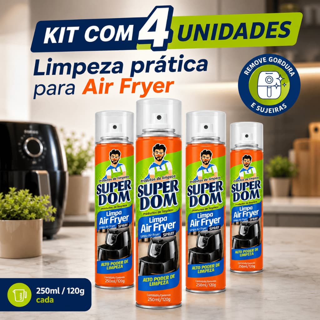 Limpa Air Fryer Kit 4 Unidades Super Dom Spray 250ml 120g Desengordurante Remove Gordura Sujeiras