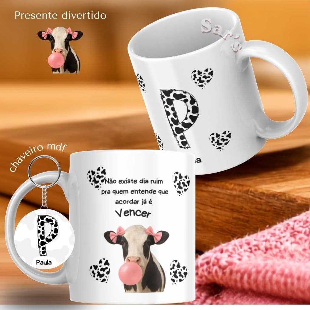 Caneca vaquinha personalizada nome + chaveiro  + caixa presente-  presente divertido amiga