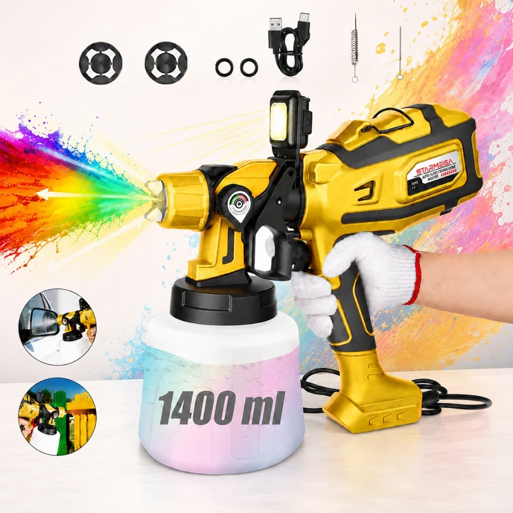 STARMEGA Kit Pistola de Pintura 7 Peças 1200W, Reservatório 1400ml, 2 Baterias + Luz LED para Reformas Residenciais