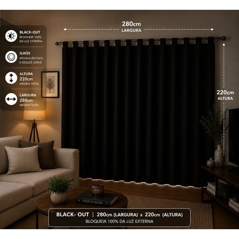 Cortina Blackout Alças 280x220 Preta Vedação Total Escuridão Plena Privacidade Elegante Indevassáve