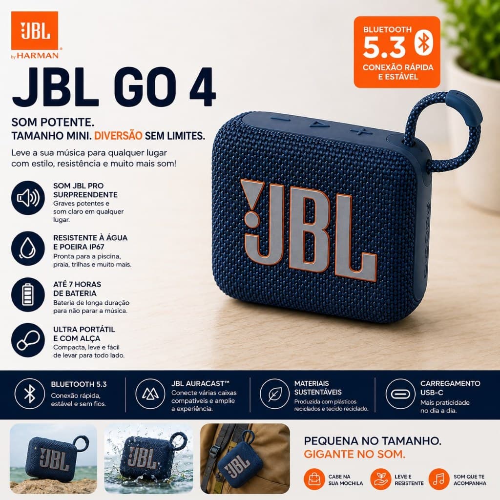 Caixa de Som JBL Go 4 Bluetooth 5.3 Portátil IP67 à Prova d'Água Azul