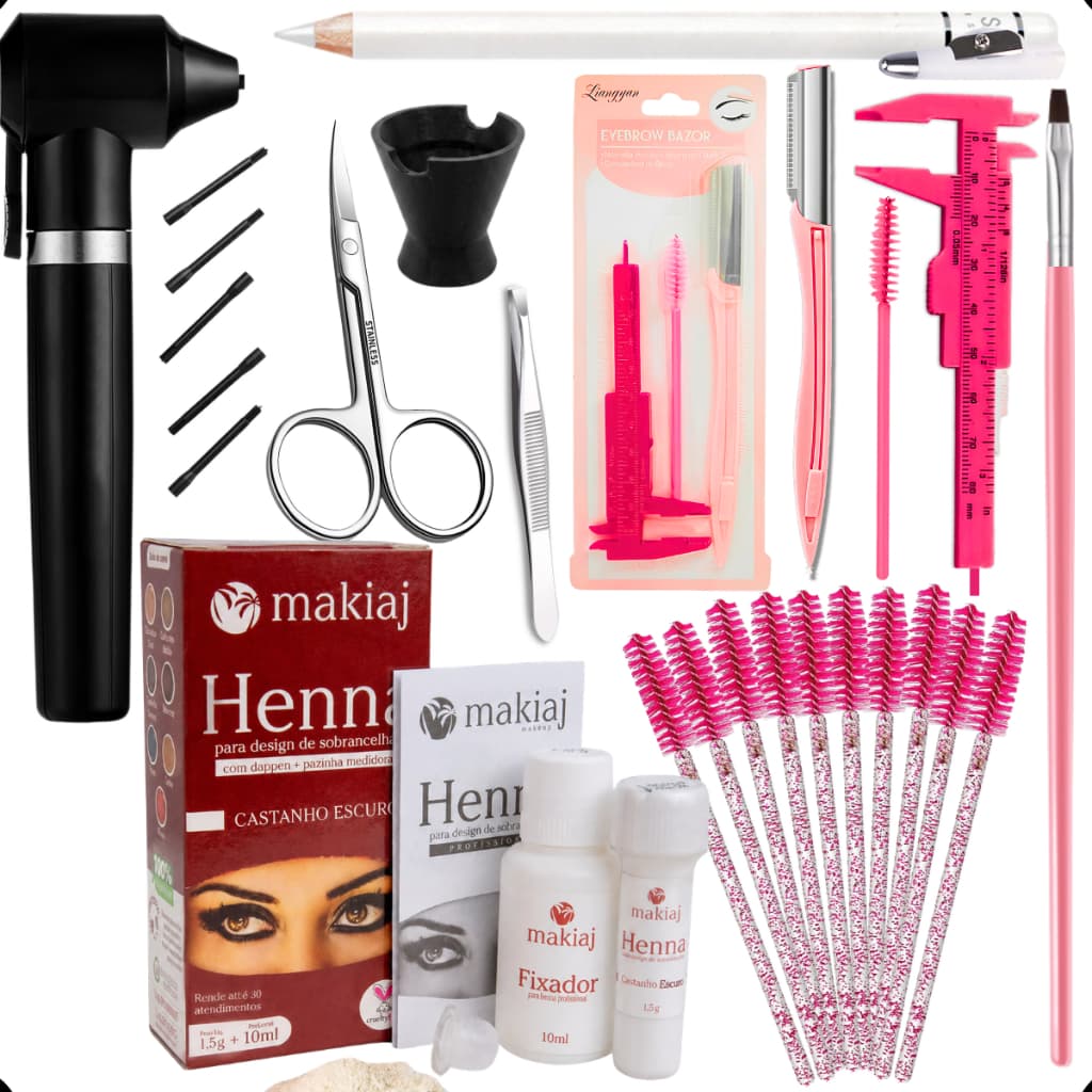 Kit Profissional Designer de Sobrancelhas Henna Paquimetro e Acessórios Alto Rendimento Fixação Rena