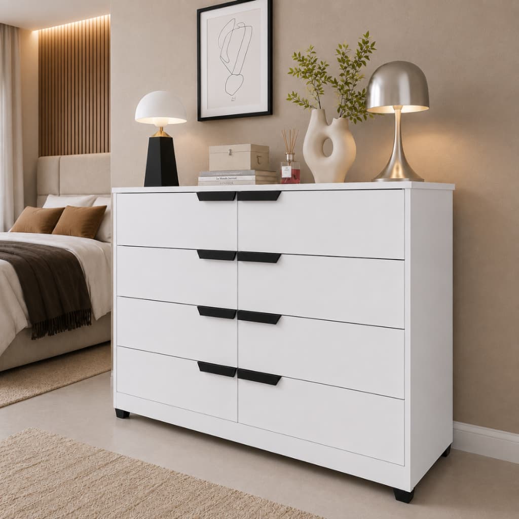 Cômoda Industrial 8 Gavetas P/ Quarto Casal  Adulto Sapateira Off White Madeirado Espaçosa Cinza Branco Design Moderno