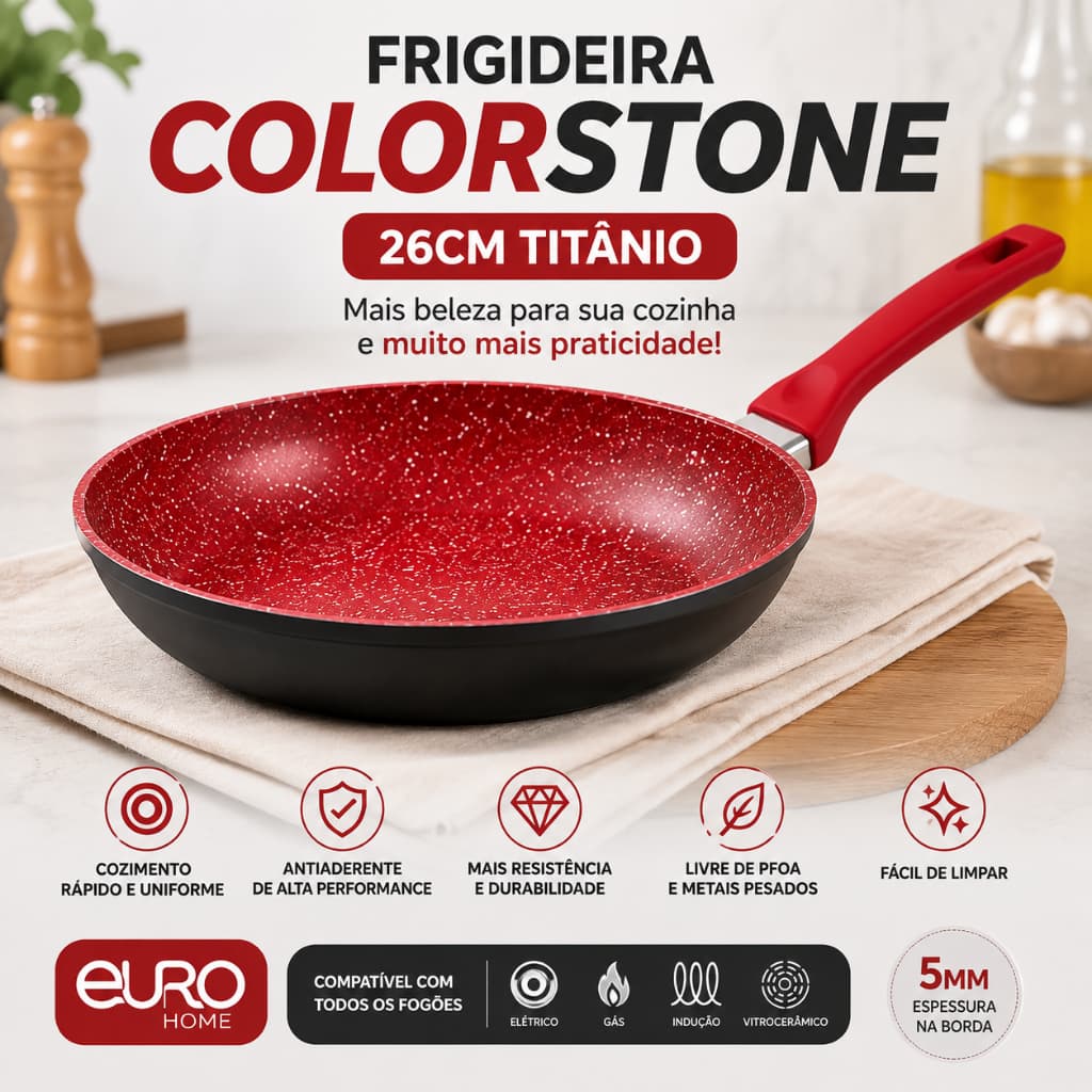 Frigideira Colorstone Titânio 26cm Antiaderente 5 Camadas Gás /  Elétrico / Indução