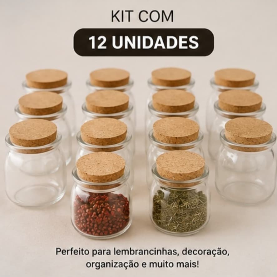 Kit 12 Potes Vidro 100ml Com Tampa Rolha Cortiça Lembrancinha Vela Aromática Temperos