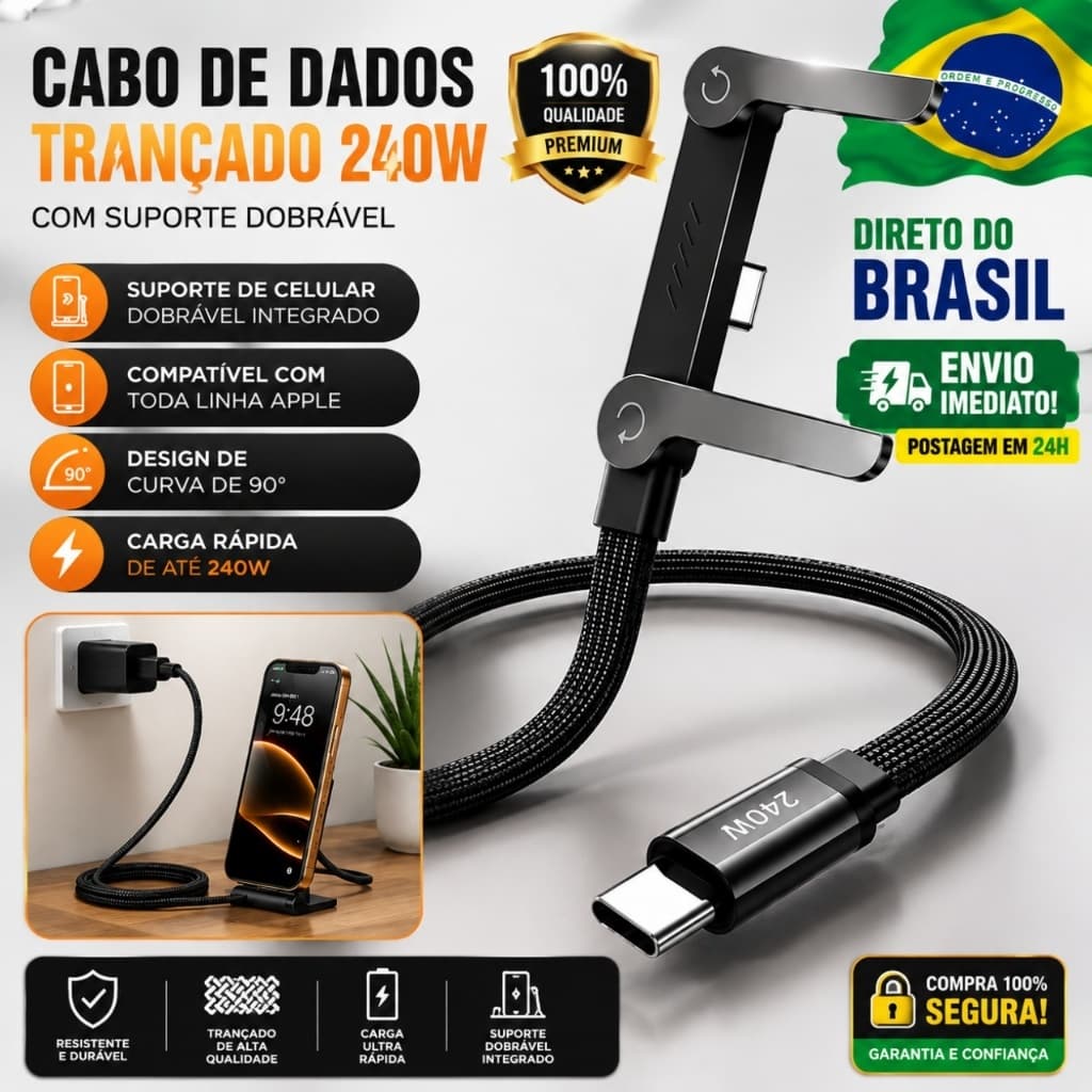 Cabo gamer De Carregamento Rápido USB Tipo C De 65 W Suporte Dobrável Telefone  Jogos 2 Em 1