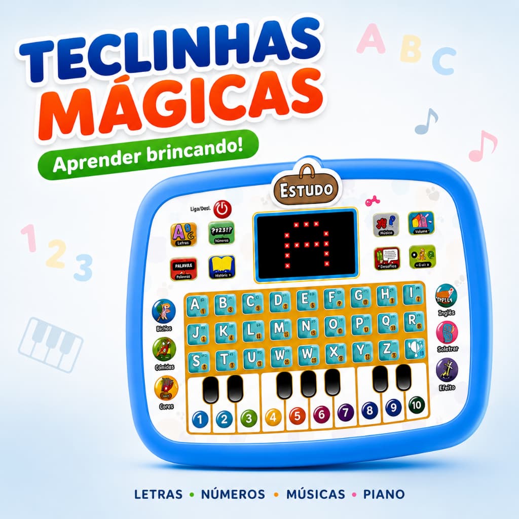 Teclado Educativo Infantil com Piano, Letras, Números, Músicas e Tela LED Brinquedo Interativo 3+ Anos