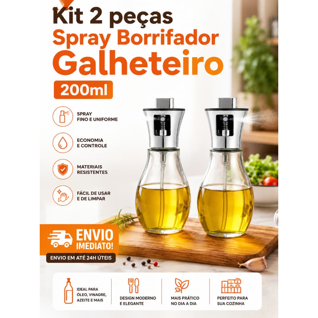 Kit 2 peças Spray Borrifador Galheteiro Vidro Inox Pulverizador Vinagre Oleo Azeite 200ml Cozinha