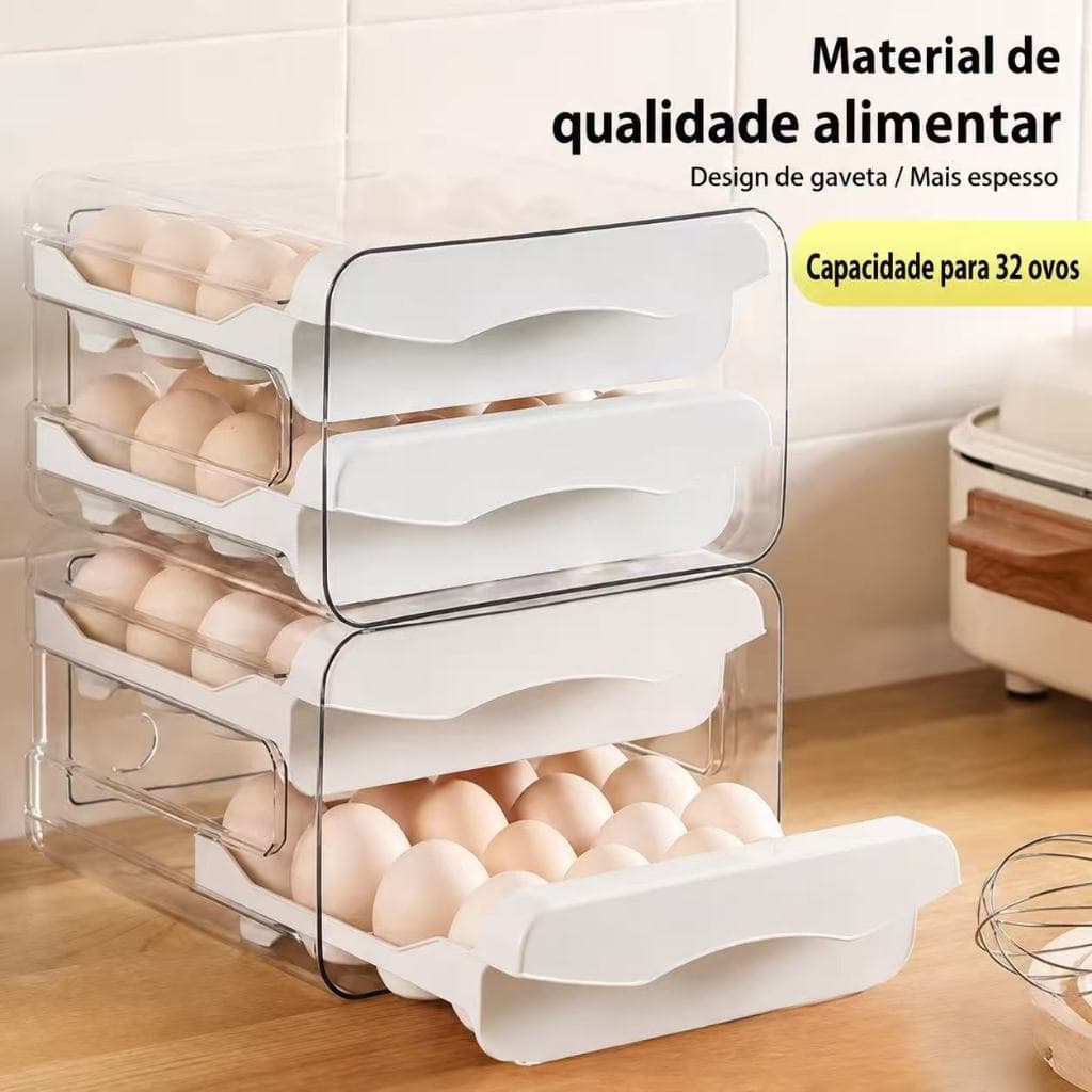 Gaveteiro duplo em plástico tipo porta 32 ovos com para cozinha geladeira