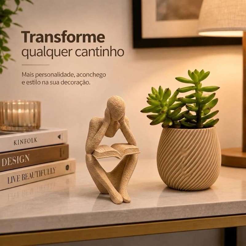 Estátua Decorativa Leitor Livro + Vaso Para Planta Suculenta | Decoração Moderna