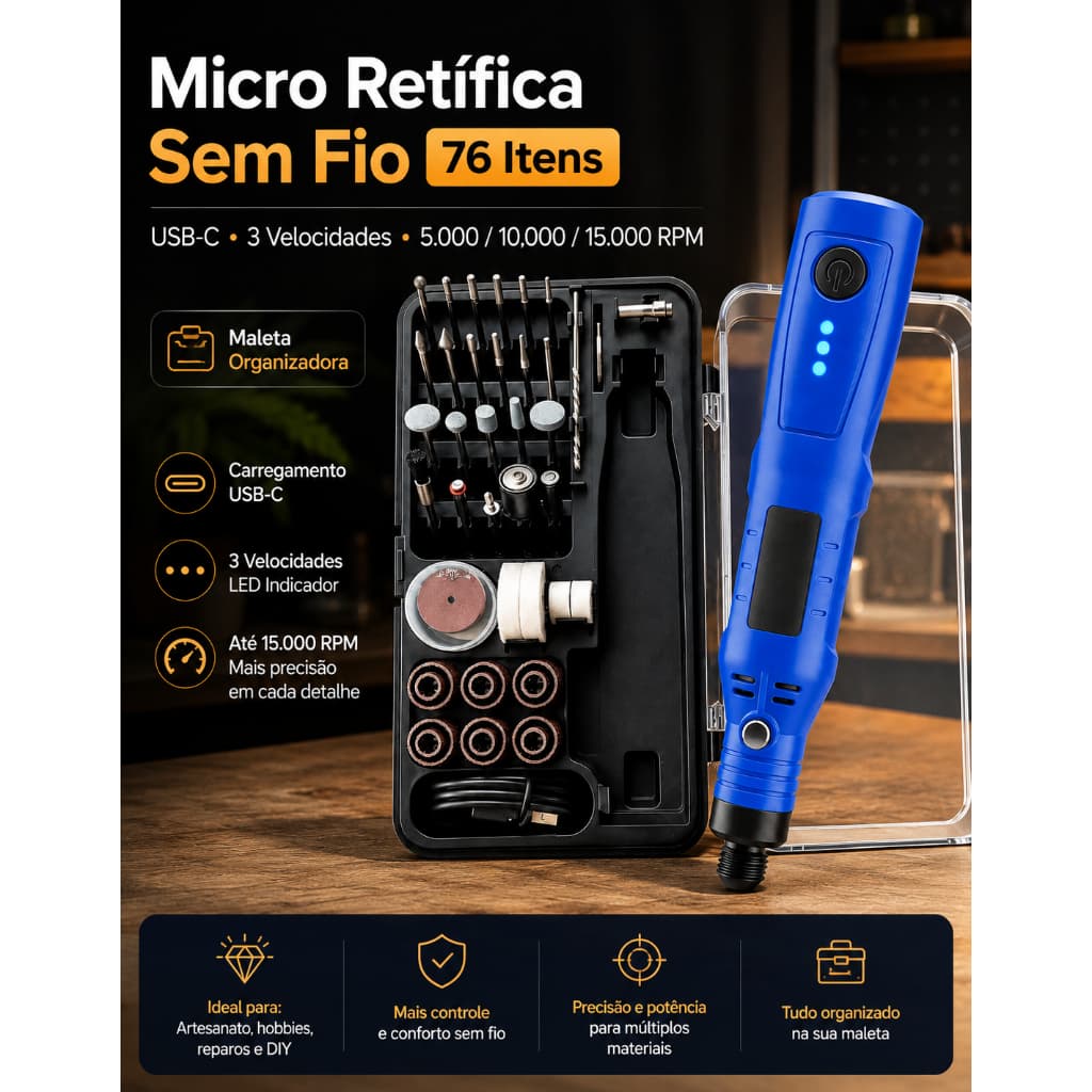 MICRO RETIFICA 76x1 RECARREGAVEL MULTIFUNCIONAL LIXAR CORTAR POLIR GRAVAR  PERFURAR USBC 3 VELOCIDADES PROFISSIONAL
