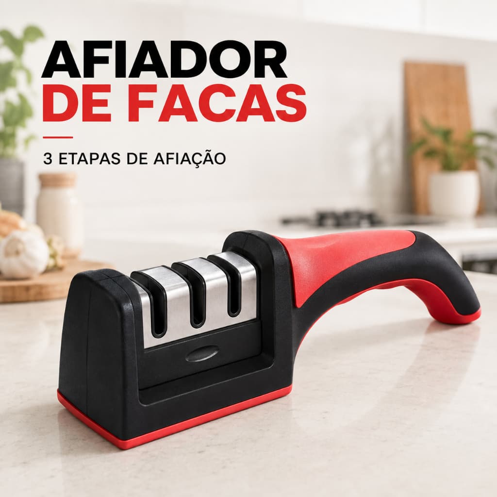 Afiador Amolador de Facas Profissional 3 Etapas Manual Home Land com Cabo Ergonômico
