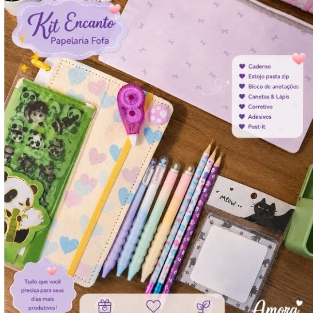 Kit Papelaria Fofa Encanto com Caderno, Estojo, Canetas, Lápis, Post-it e Adesivos