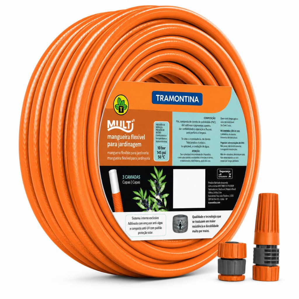 Mangueira Tramontina Multi Jardim 1/2'' Laranja Resistente Ate 50 metros Pvc 4 Camadas Esguicho engate