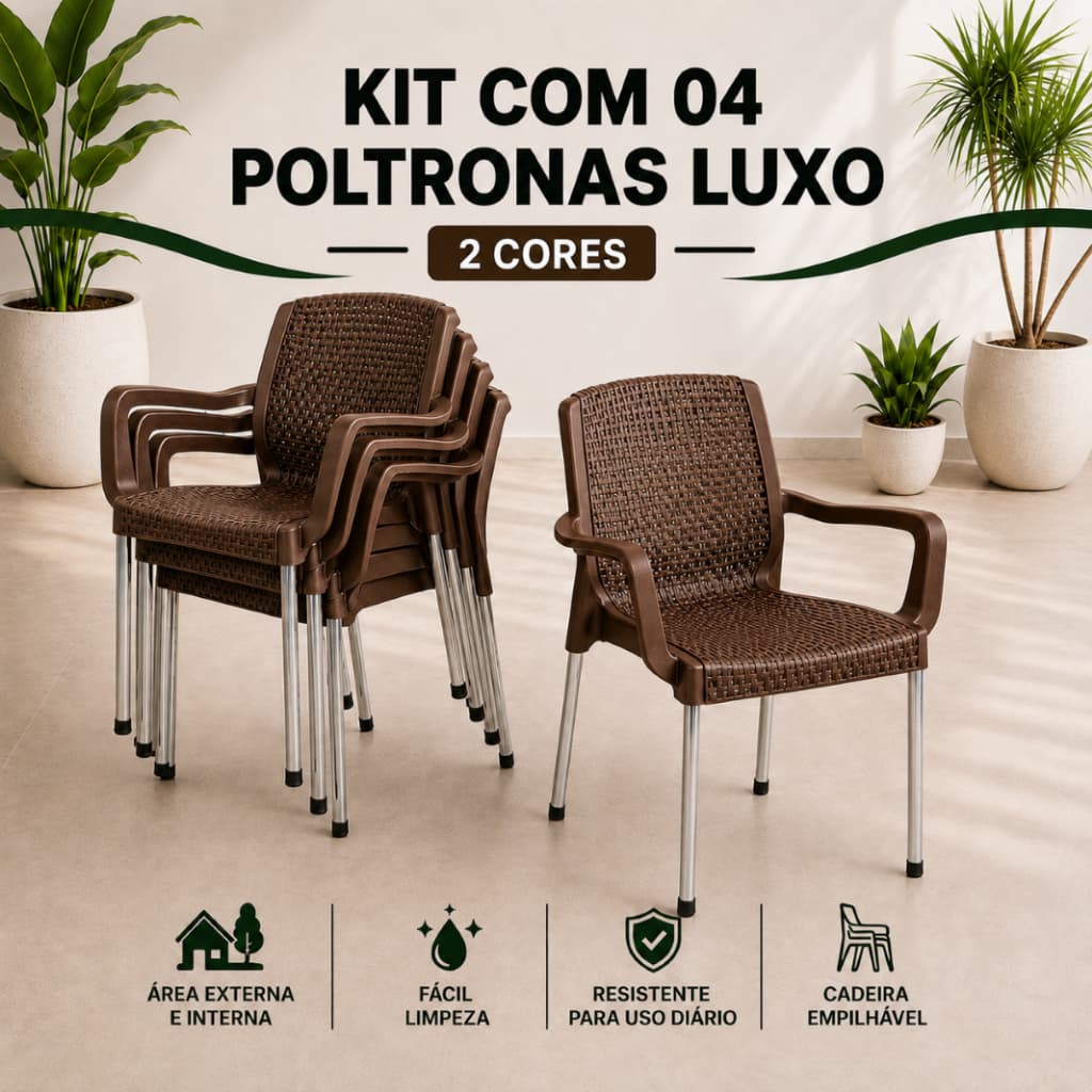 Kit 4 Poltrona Reforçada Rattan Luxo com Braço UV Empilhável 160kg Aço Cromado Qualquer Ambiente