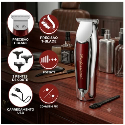 Máquina de Cortar Cabelo Barba Acabamentos, Aparador de Pelos, Recarregável Bivolt 127V ou 220V Barbearia
