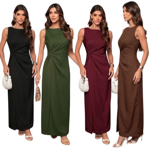 Vestido Feminino Alfaiataria Marrante longo Social Elegante Torcido Lateral Fenda Traseira Zíper Invisível Tendência2026