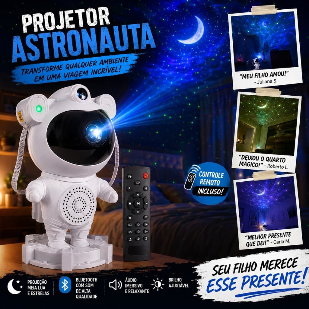 Projetor Astronauta Galáxia LED com Bluetooth, Som e Controle Remoto – Céu Estrelado e Lua