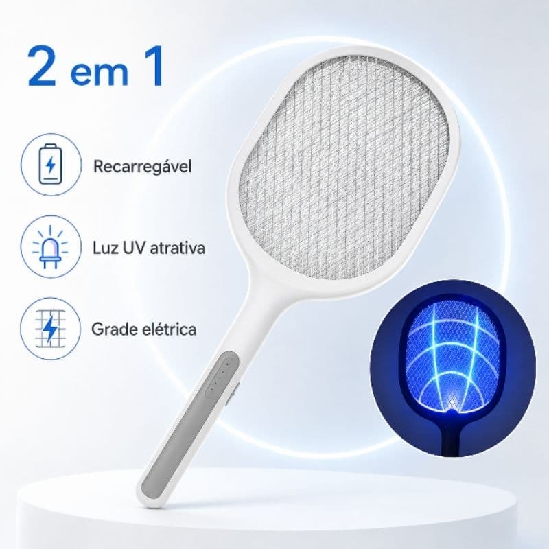 Raquete Elétrica Mata-Mosquitos 2 em 1 Recarregável com Luz UV